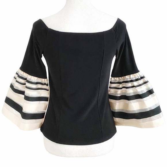 JOSEPH RIBKOFF BLACK BEIGE MESH TEE STRIPED BELL SLEEVE TOP - 8 - Picture 4 of 10